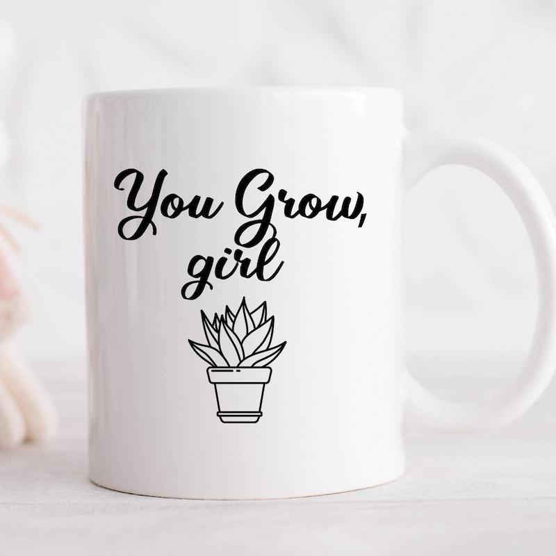 Tailorly White Ceramic 11 oz Mug - You Grow Girl Minimalist Potted Plant With Elegant Black Ink Drawing Outlines Succulent