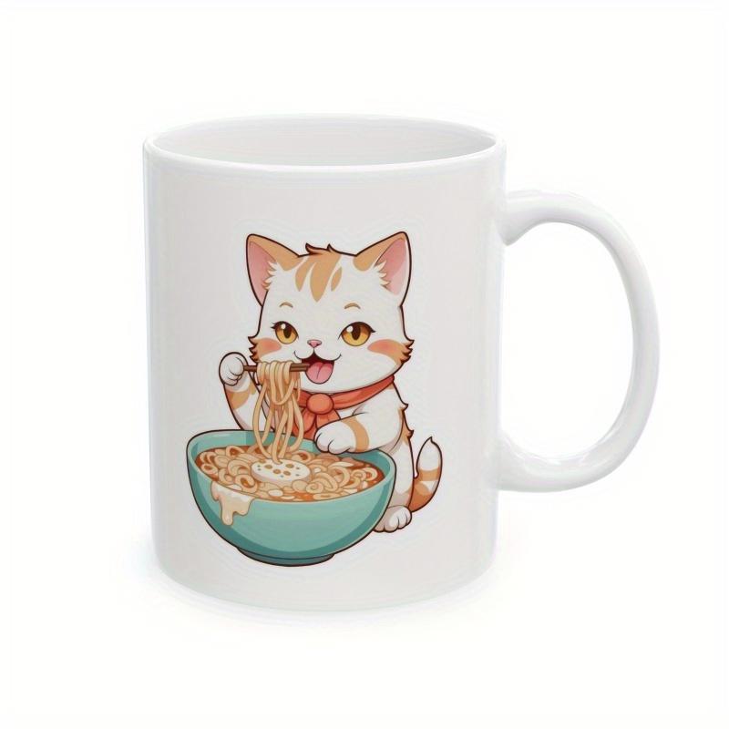 Tailorly White Ceramic 11 oz Mug - Adorable Little Ginger Kitten Eating Noodles From A Small Green Bowl Cat