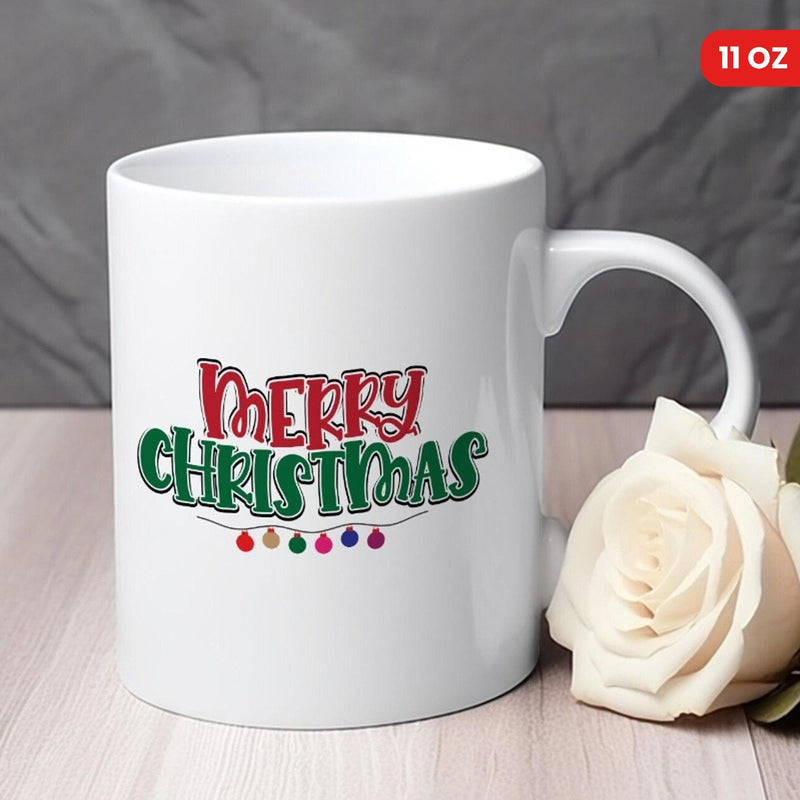 Tailorly White Ceramic 11 oz Mug - Merry Christmas Festive Colorful String Lights Hanging Below Decorative Holiday Themed Mug
