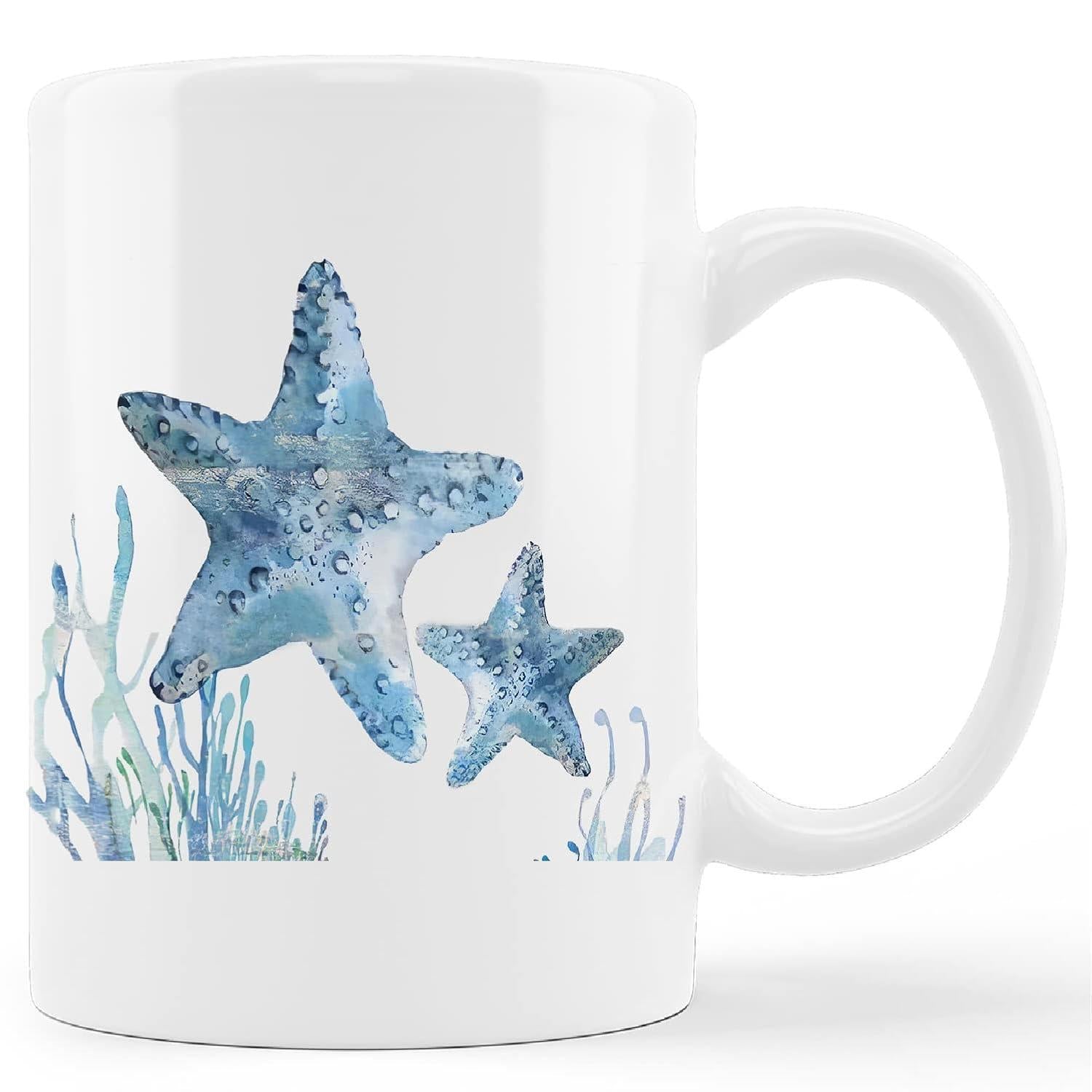 Tailorly White Ceramic 11 oz Mug - Watercolor Blue Sea Life With Ocean Plants And Delicate Seaweed Starfish