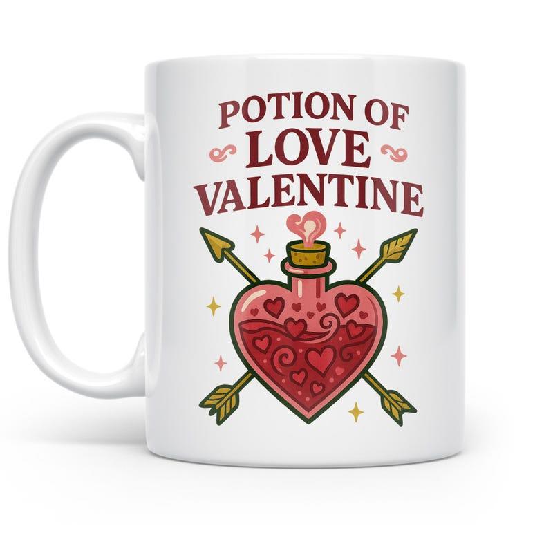 Tailorly White Ceramic 11 oz Mug - Potion Of Love Valentine Heart Shaped Glass Potion With Crossed Golden Arrows And Stars Bottle