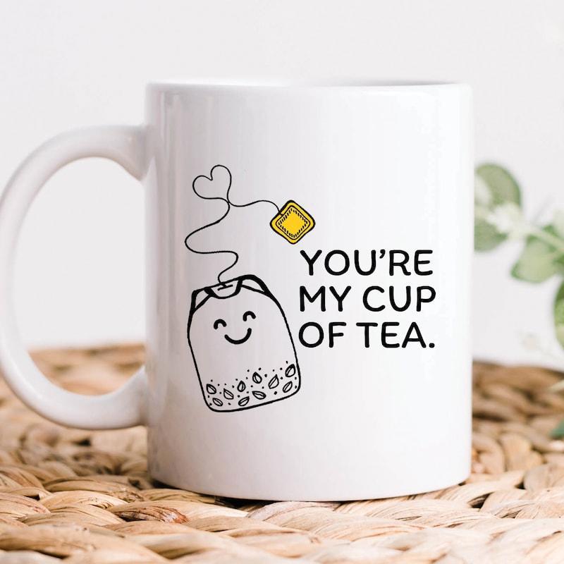 Tailorly White Ceramic 11 oz Mug - Youre My Cup Of Tea Adorable Smiling Tea Bag With Heart Shaped String And Yellow Tag Tea Bag