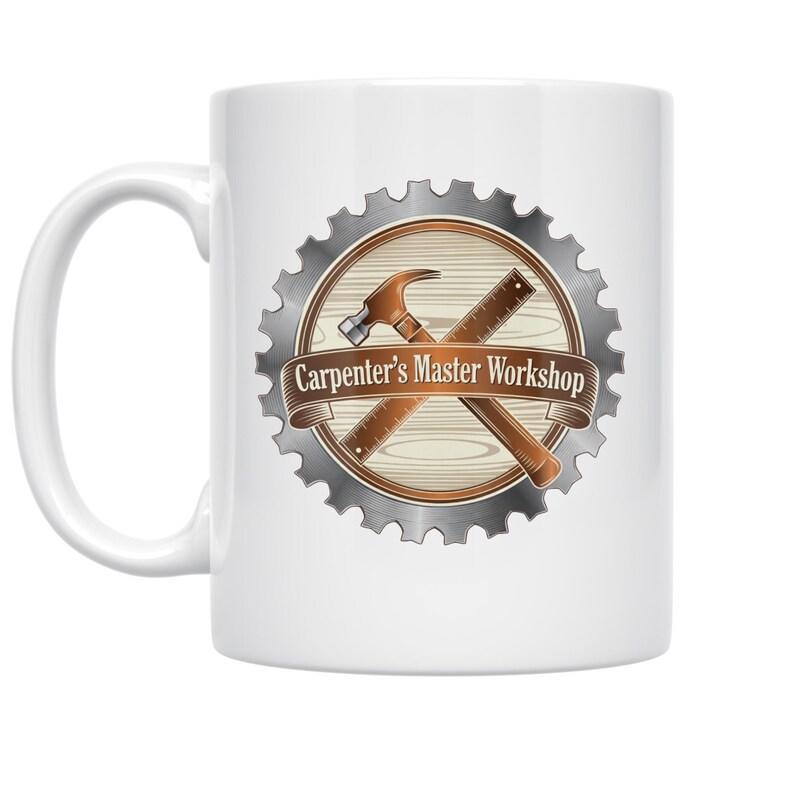 Tailorly White Ceramic 11 oz Mug - Carpenter's Master Workshop Metallic Gear Framing Crossed Hammer And Ruler On Wood Grain Texture Emblem