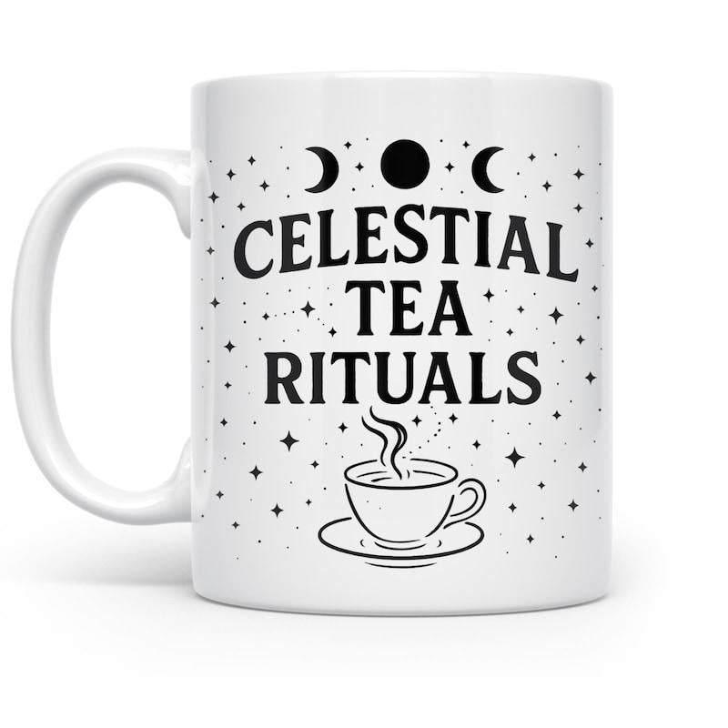 Tailorly White Ceramic 11 oz Mug - Celestial Tea Rituals Mystical Moon Phases Among Twinkling Stars And Steaming Cup