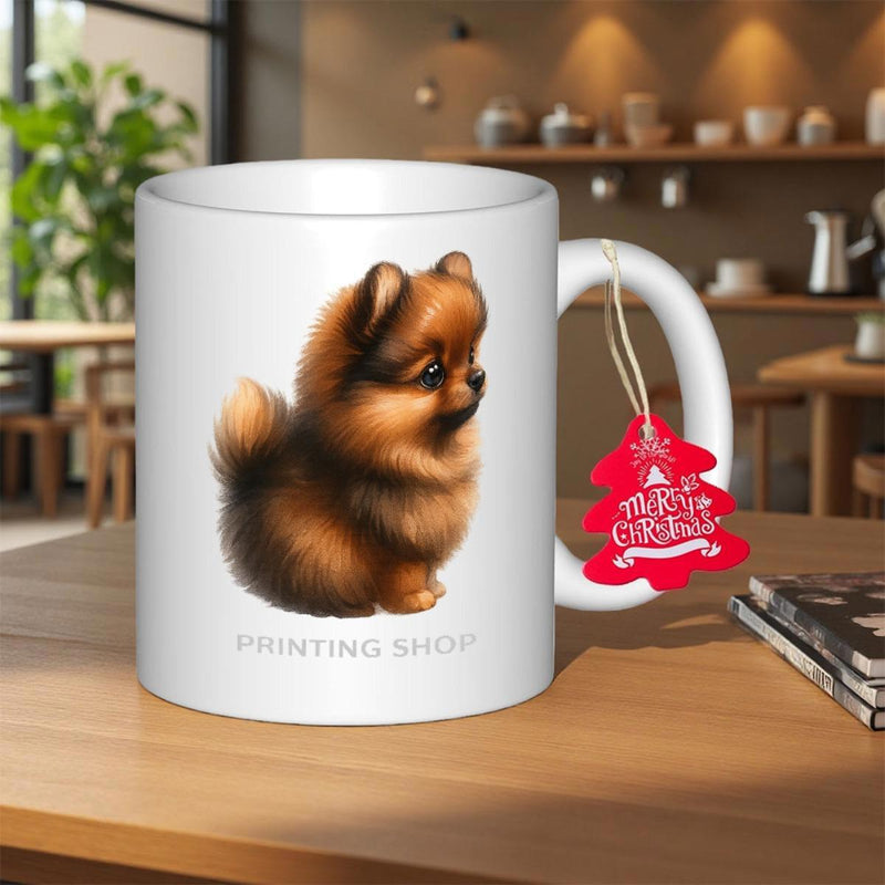 Tailorly White Ceramic 11 oz Mug - Printing Shop Fluffy Little Brown Puppy Sitting Quietly On A Clean White Surface Pomeranian