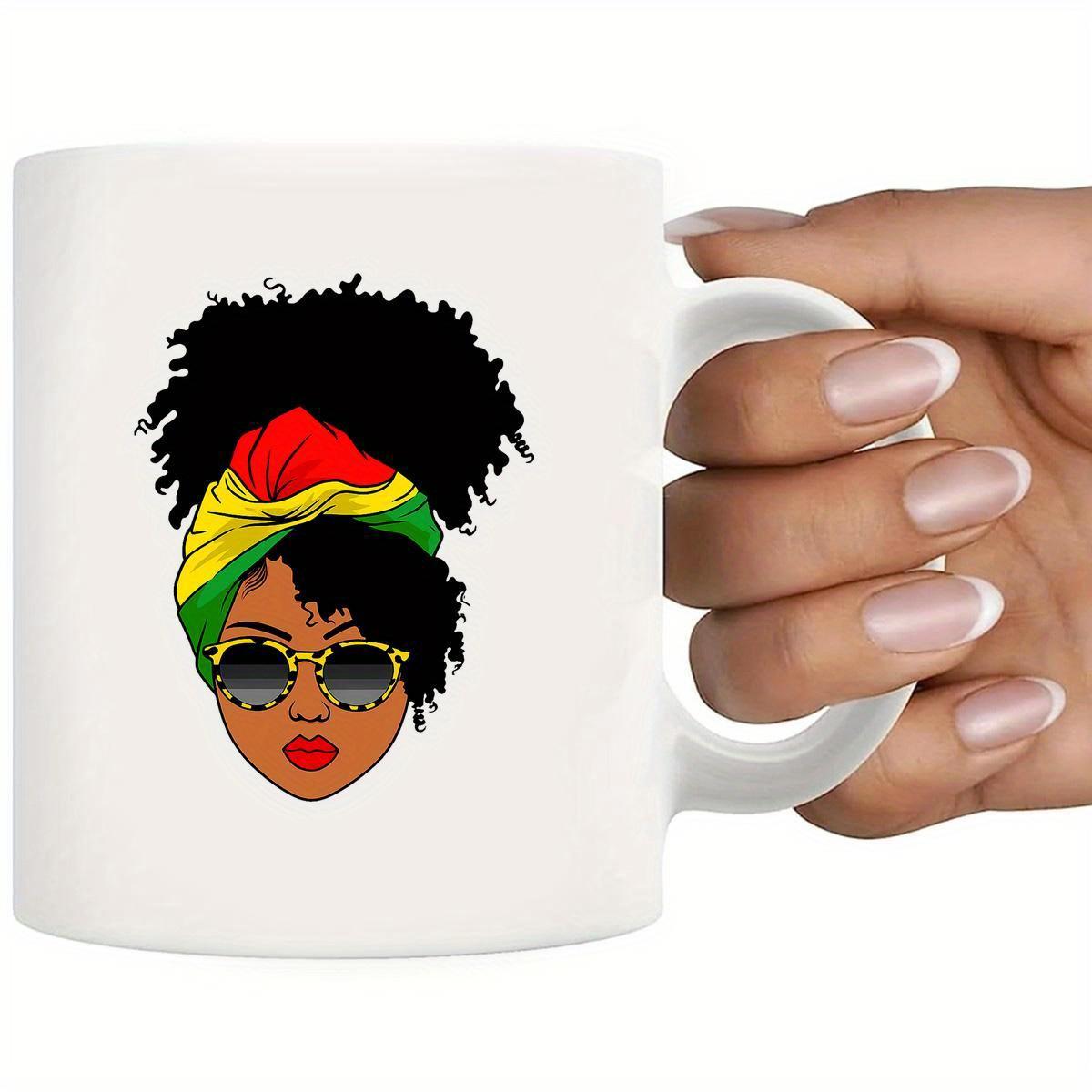 Tailorly White Ceramic 11 oz Mug - Elegant African Queen Wearing Vibrant Headwrap And Stylish Sunglasses Portrait Woman