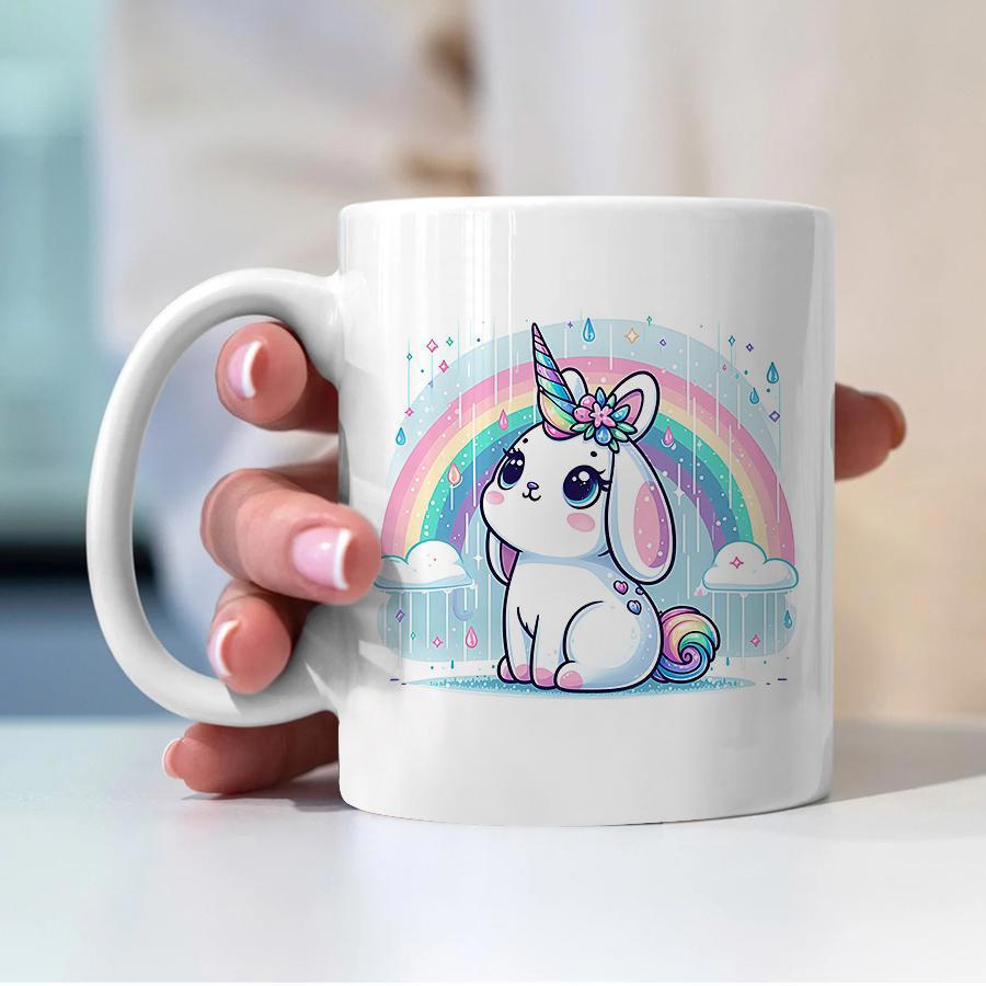Tailorly White Ceramic 11 oz Mug - Adorable Pastel Rainbow With Magical Horn Under Sparkling Rain Clouds Rabbit