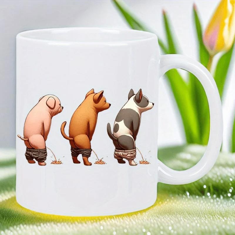 Tailorly White Ceramic 11 oz Mug - Funny Cartoon Pig And Standing Puppies With Brown And White Fur Illustration Dogs