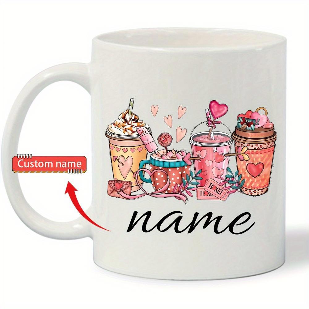Tailorly White Ceramic 11 oz Mug - Name Pink Heart Themed Delicious Shakes And Iced Coffee Illustration Drink