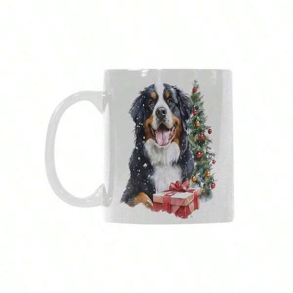 Tailorly White Ceramic 11 oz Mug - Festive Bernese Mountain Sitting By Decorated Christmas Tree With Red Gift Dog