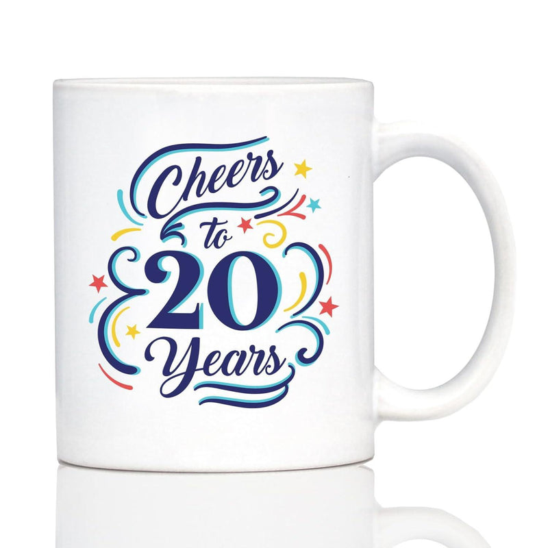 Tailorly White Ceramic 11 oz Mug - Cheers To 20 Years Festive Vibrant Swirls With Tiny Decorative Stars Around The Central Design Mug