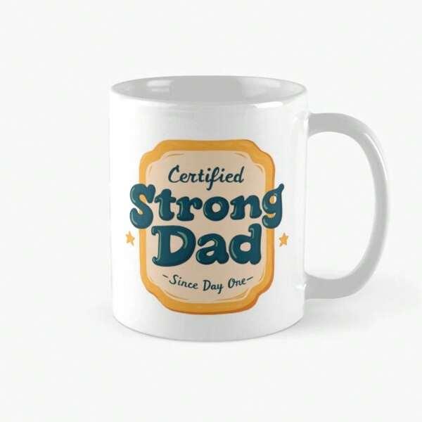 Tailorly White Ceramic 11 oz Mug - Certified Strong Dad Since Day One Vintage Retro Style Shield Badge Frame With Golden Stars Sign