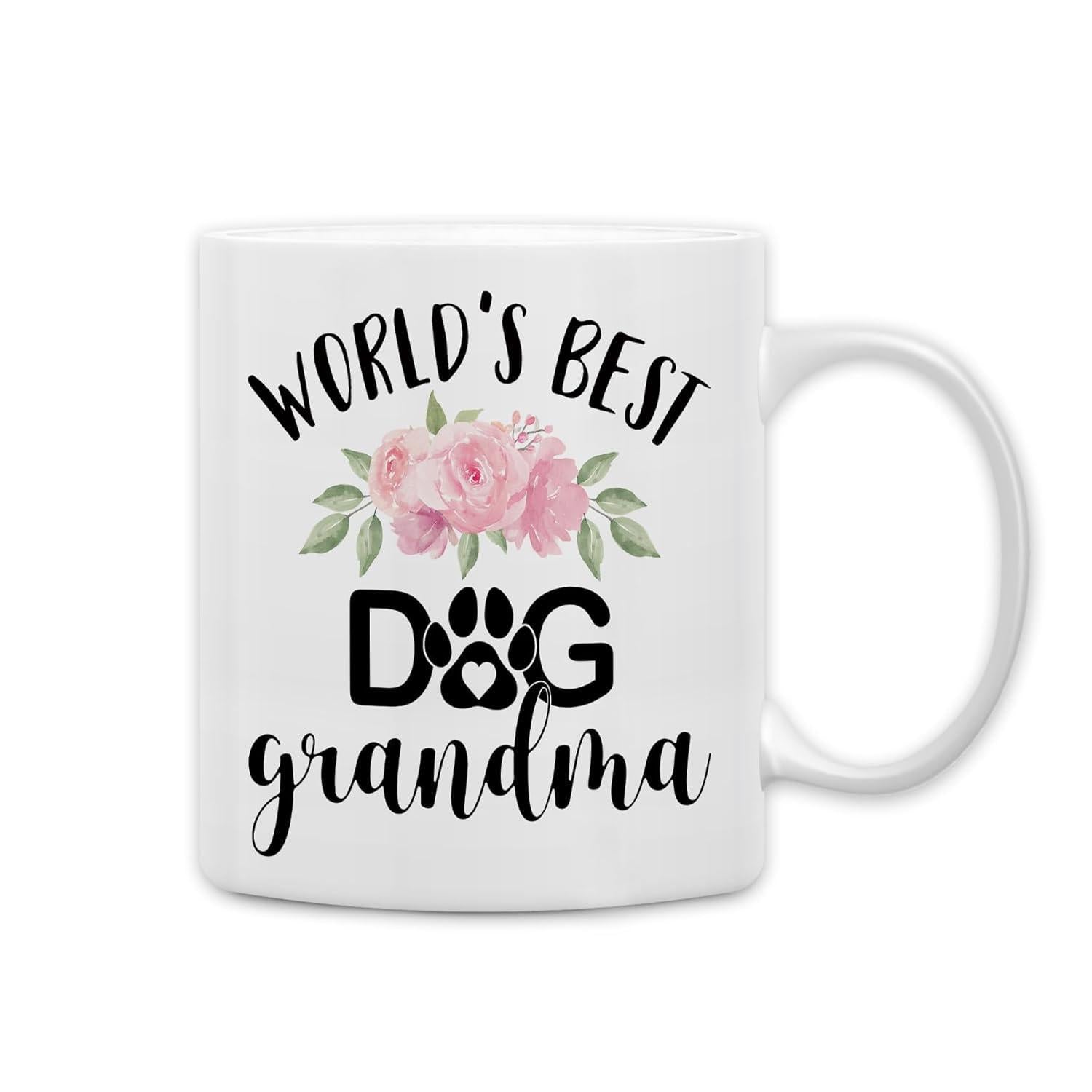 Tailorly White Ceramic 11 oz Mug - World's Best Dog Grandma Elegant Watercolor Pink Floral Bouquet With Central Paw Print Heart Grandma