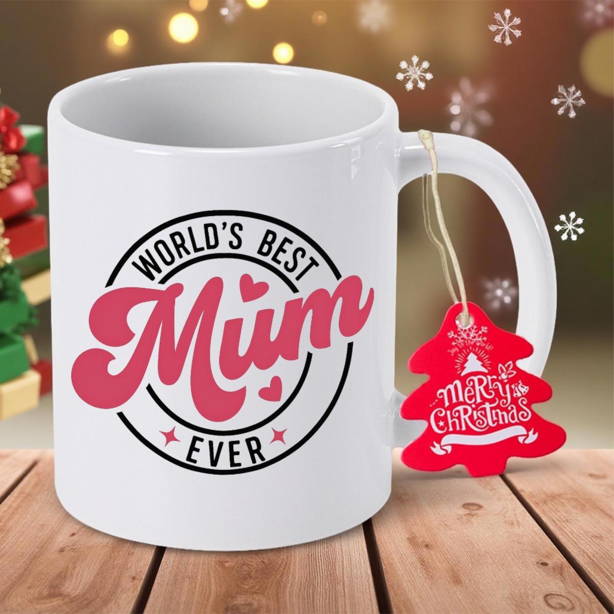 Tailorly White Ceramic 11 oz Mug - Worlds Best Mum Ever Retro Pink Script With Delicate Hearts Inside A Circular Framed Emblem