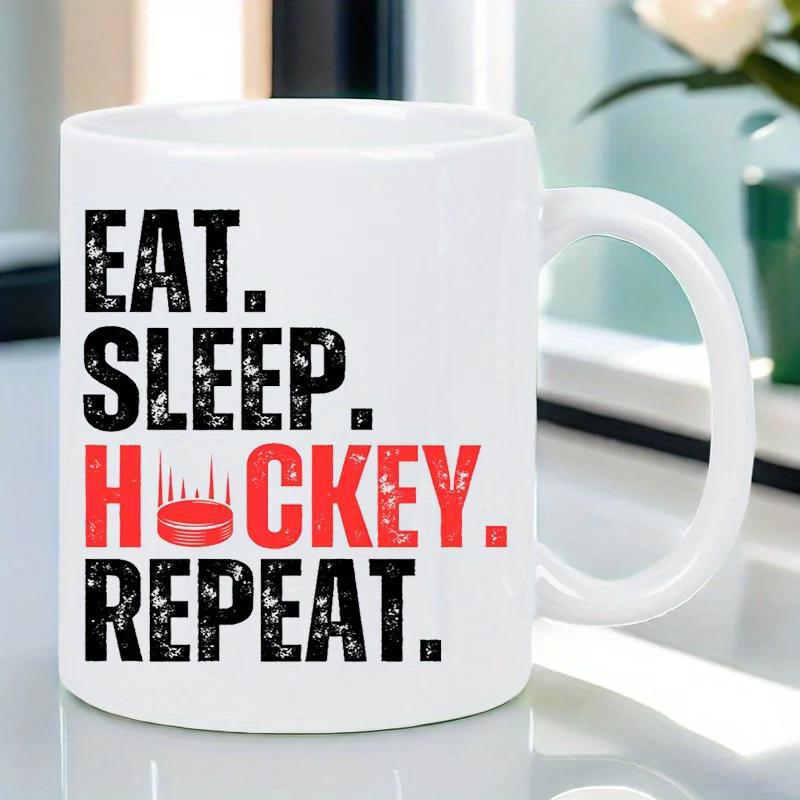Tailorly White Ceramic 11 oz Mug - Eat Sleep Hockey Repeat Distressed Bold Black And Red Lettering Combined With A Sliding Sporty Red Puck