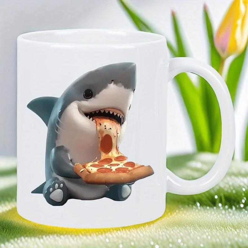 Tailorly White Ceramic 11 oz Mug - Adorable Little Blue Shark Enjoying A Delicious Cheesy Pepperoni Pizza Slice Shark