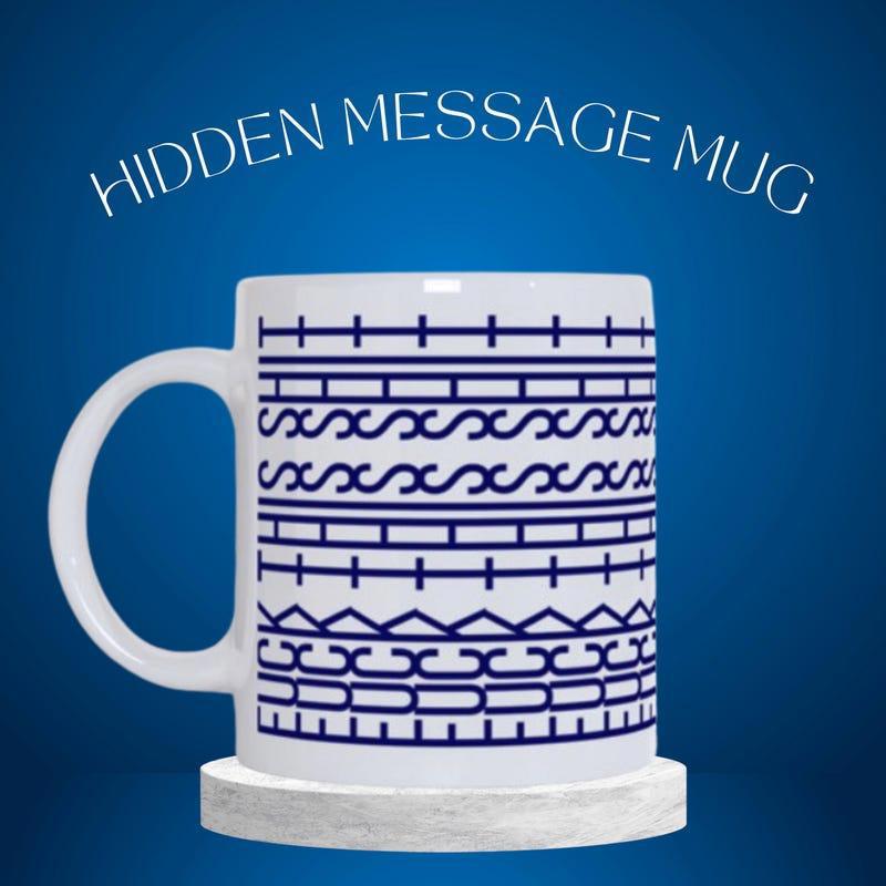 Tailorly White Ceramic 11 oz Mug - Hidden Message Mug Minimalist Blue Geometric Pattern Featuring Symmetric Horizontal Lines And Textured Shapes Mug