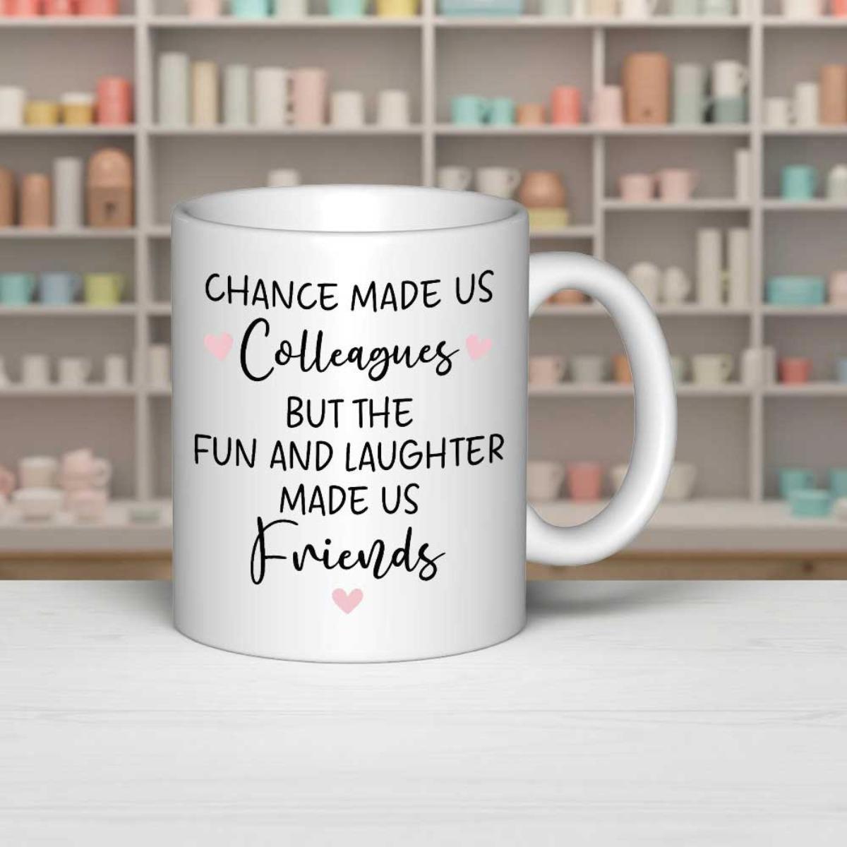Tailorly White Ceramic 11 oz Mug - Chance Made Us Colleagues But The Fun And Laughter Made Us Friends Minimalist White Ceramic With Delicate Pink Hearts Scattering