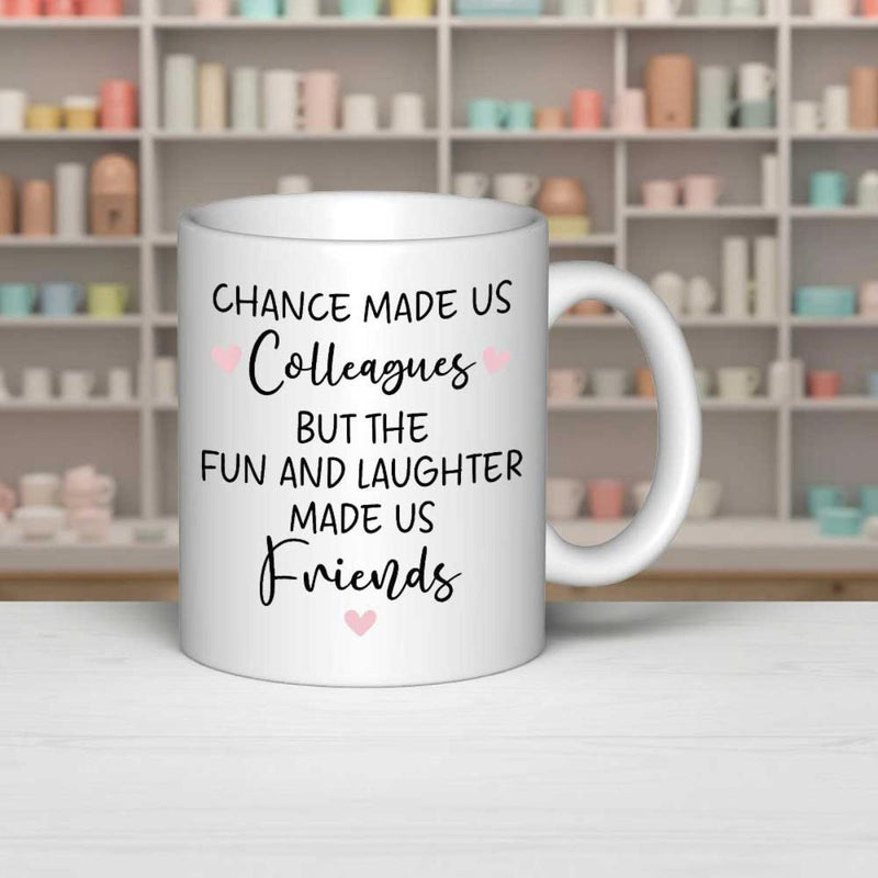 Tailorly White Ceramic 11 oz Mug - Chance Made Us Colleagues But The Fun And Laughter Made Us Friends Minimalist White Ceramic With Delicate Pink Hearts Scattering