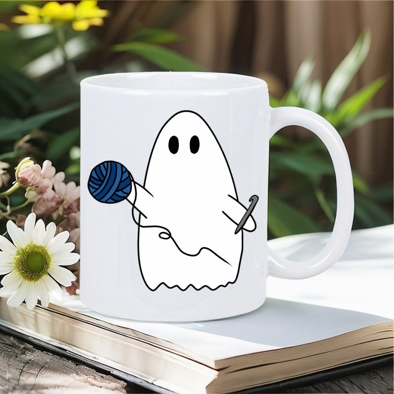 Tailorly White Ceramic 11 oz Mug - Charming White Cartoon Character Holding A Blue Yarn Ball Crochet Ghost