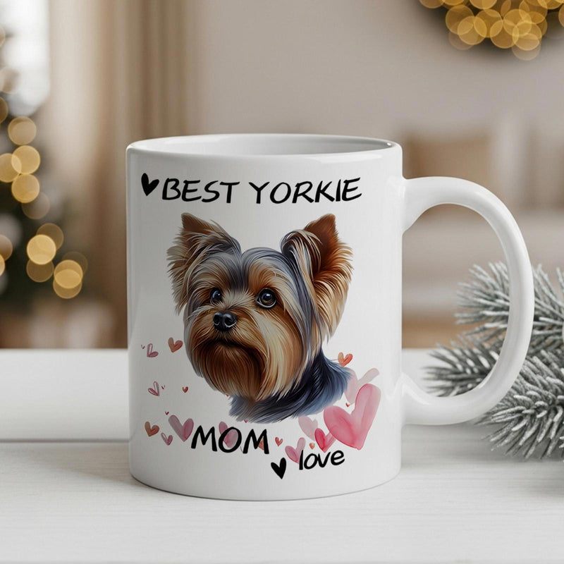Tailorly White Ceramic 11 oz Mug - Best Yorkie Mom Love Realistic Portrait Of A Yorkshire Terrier Among Pink Hearts Yorkie