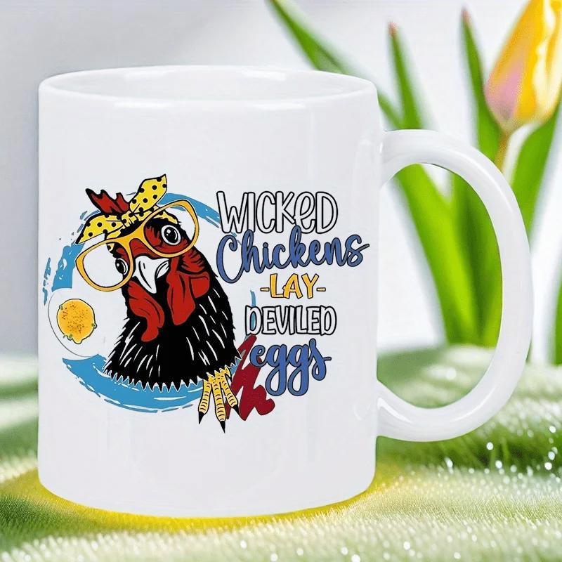 Tailorly White Ceramic 11 oz Mug - Wicked Chickens Lay Deviled Eggs Quirky Farmhouse Style Featuring A Cartoon Bird Wearing A Yellow Bandana Chicken