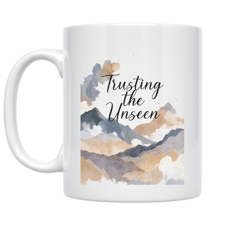 Tailorly White Ceramic 11 oz Mug - Trusting The Unseen Artistic Watercolor Peaks Nestled Among Soft Misty Earthy Tones Mountain
