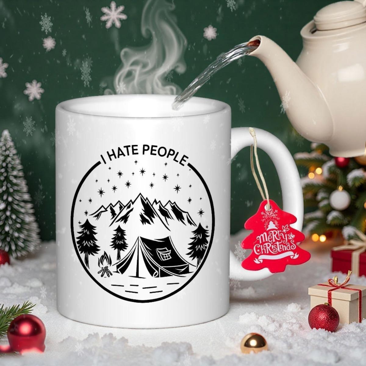 Tailorly White Ceramic 11 oz Mug - I Hate People Snowy Mountains With Pine Trees And Camping Tent Under Starlit Sky Mountain