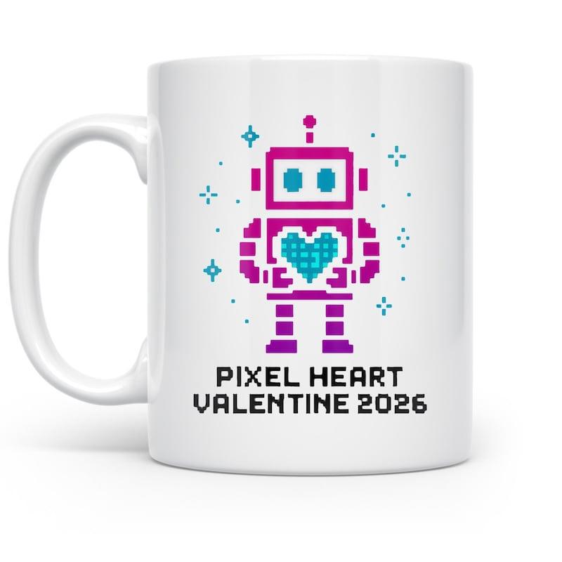 Tailorly White Ceramic 11 oz Mug - Pixel Heart Valentine 2026 Cute Pink Pixelated Character Holding A Glowing Blue Heart Under Stars Robot