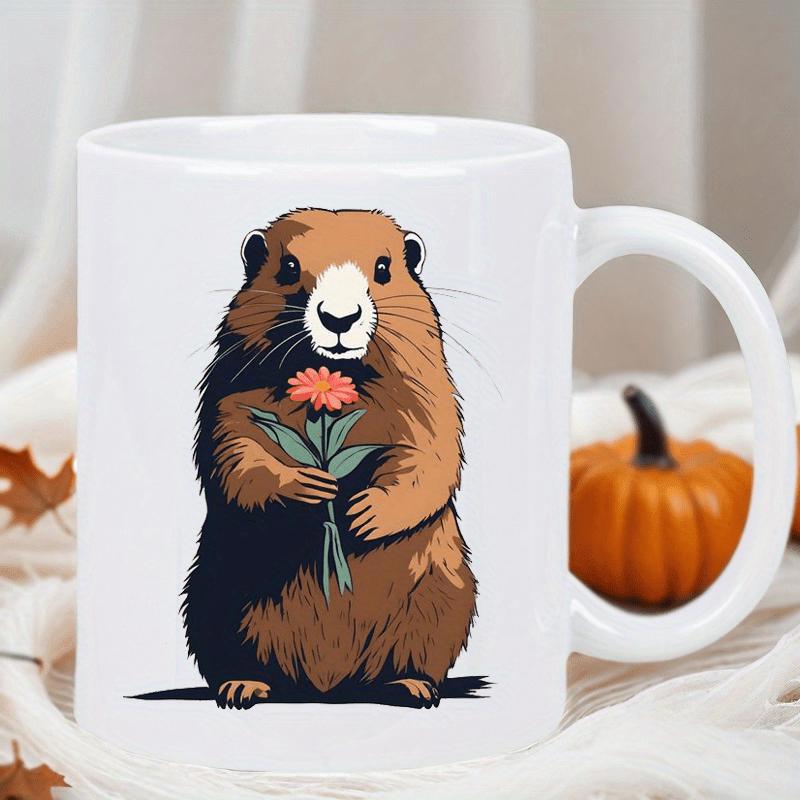 Tailorly White Ceramic 11 oz Mug - Adorable Furry Creature Holding A Single Delicate Bright Orange Flower Groundhog