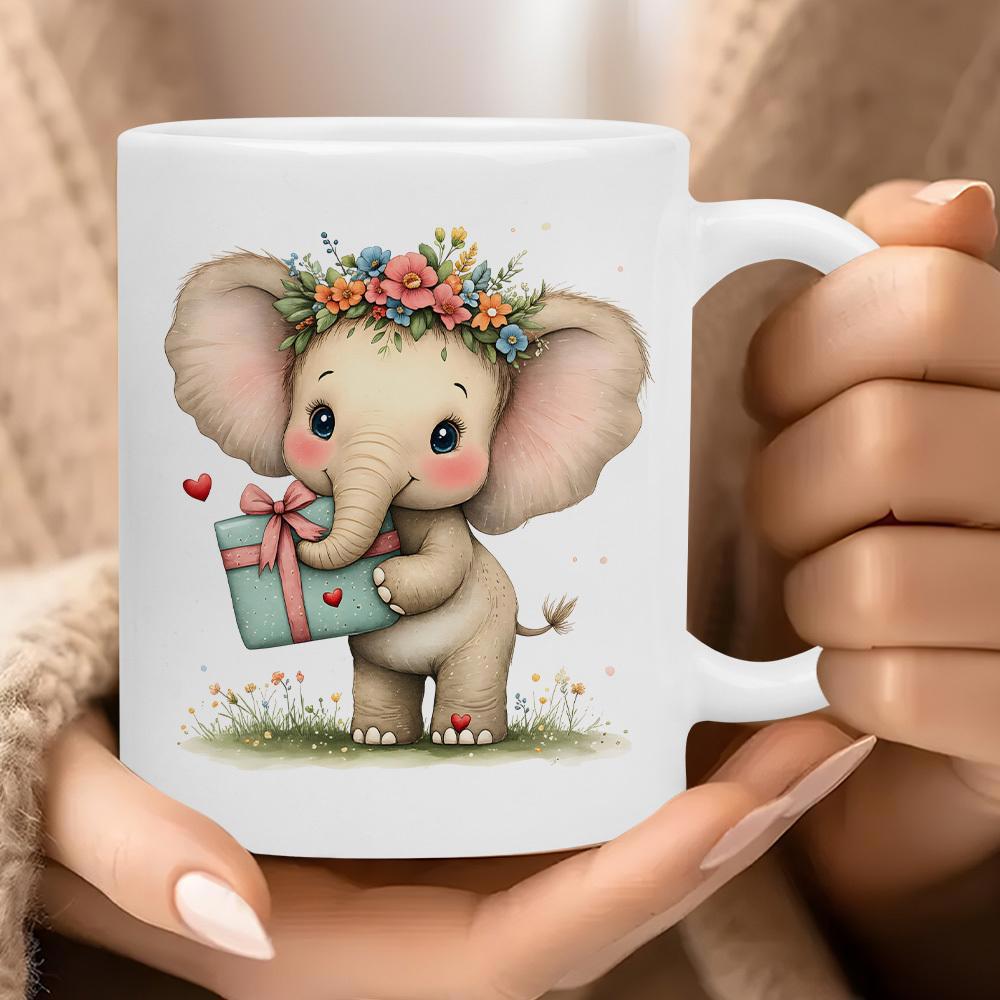 Tailorly White Ceramic 11 oz Mug - Adorable Baby With Flower Crown Holding Gift Box On Grassy Field Elephant