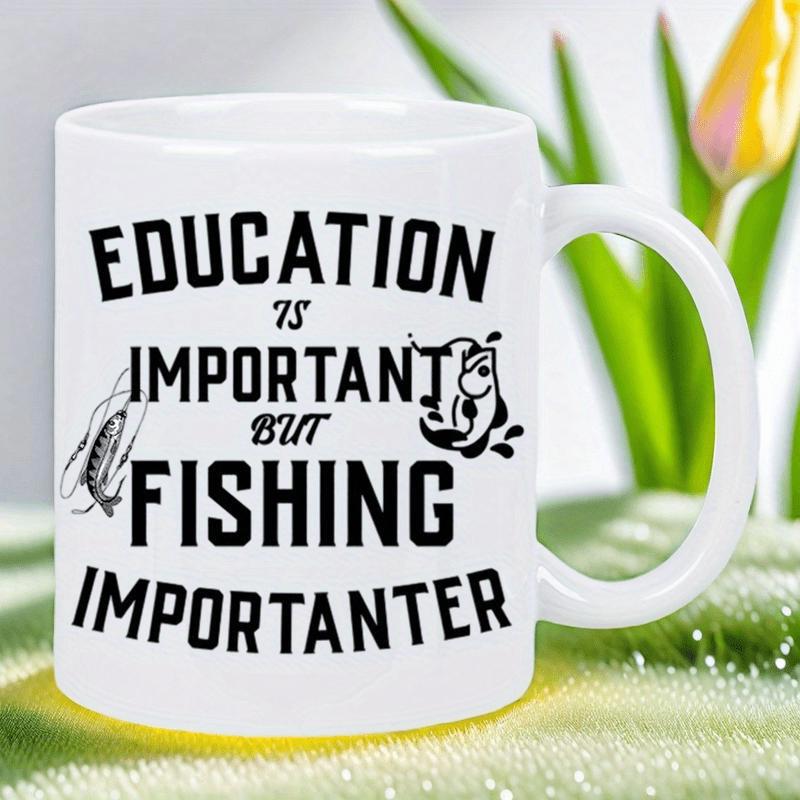 Tailorly White Ceramic 11 oz Mug - Education Is Important But Fishing Importanter Artistic Silhouette Of Jumping Fish Swimming Within A Balanced Composition Fish