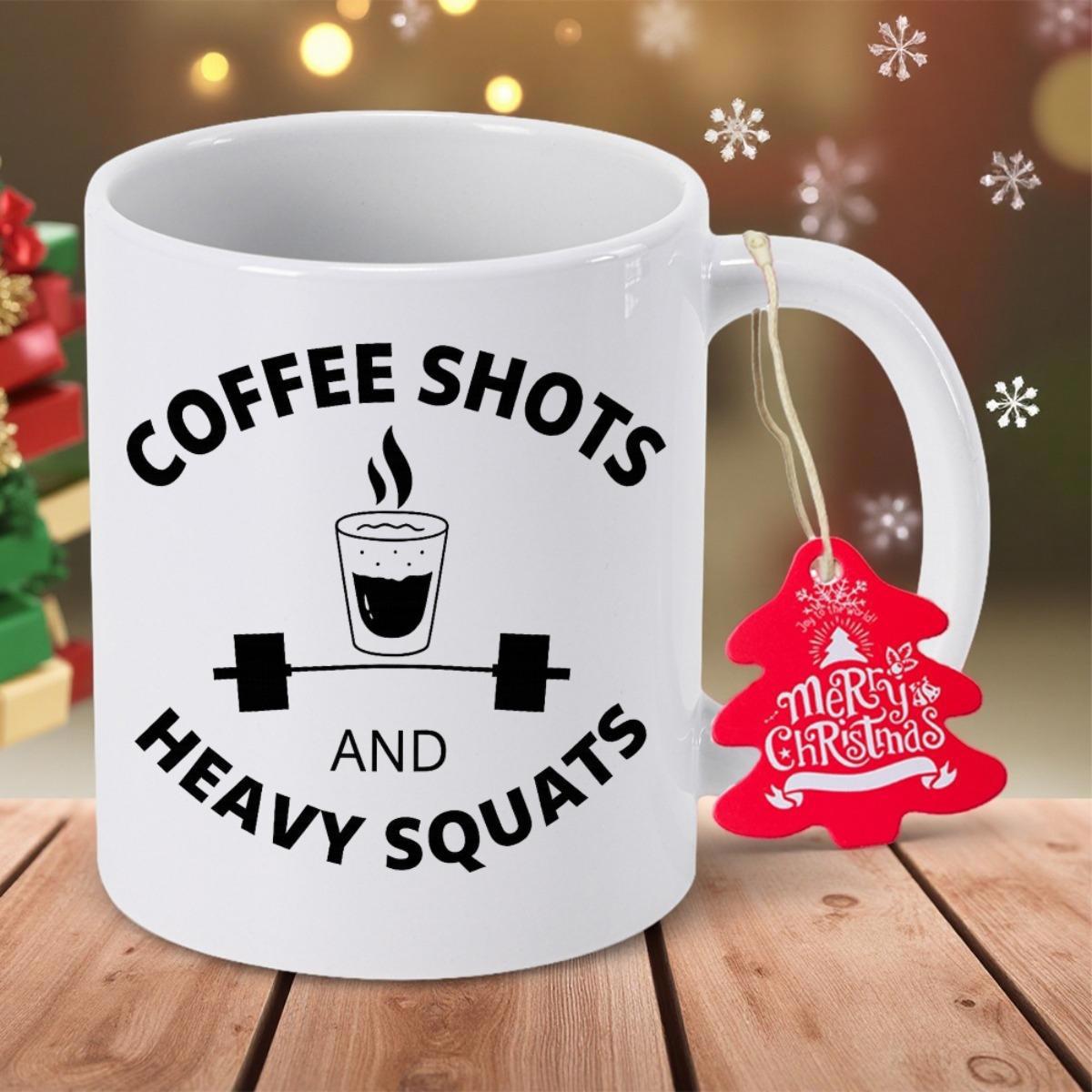 Tailorly White Ceramic 11 oz Mug - Coffee Shots And Heavy Squats Sleek Industrial Gym Decor With Steaming Coffee Cup And Weighted Barbell
