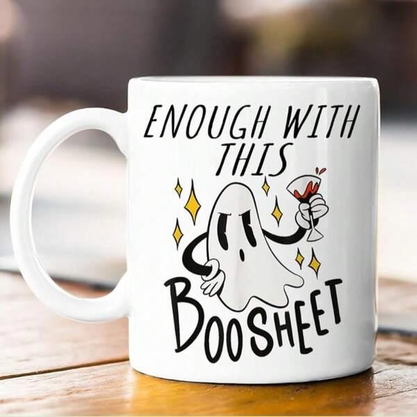 Tailorly White Ceramic 11 oz Mug - Enough With This Boosheet Playful Spooky Cartoon Figure Holding Wine Glass Surrounded By Twinkling Golden Stars Ghost