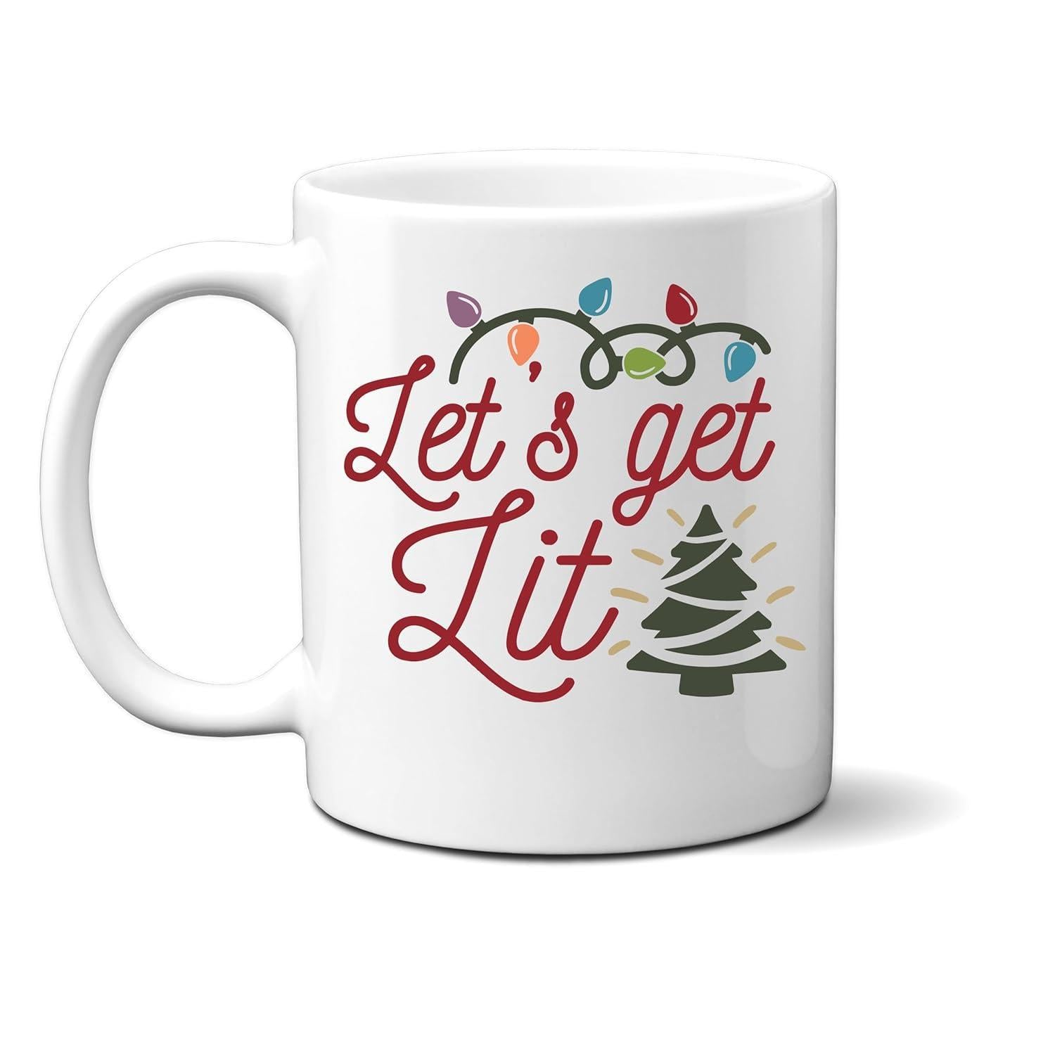 Tailorly White Ceramic 11 oz Mug - Let's Get Lit Colorful Holiday Lights Hanging Above Red Script Font Beside Radiant Christmas Tree