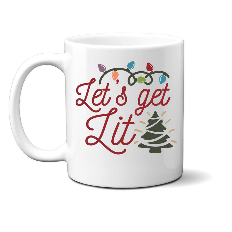 Tailorly White Ceramic 11 oz Mug - Let's Get Lit Colorful Holiday Lights Hanging Above Red Script Font Beside Radiant Christmas Tree