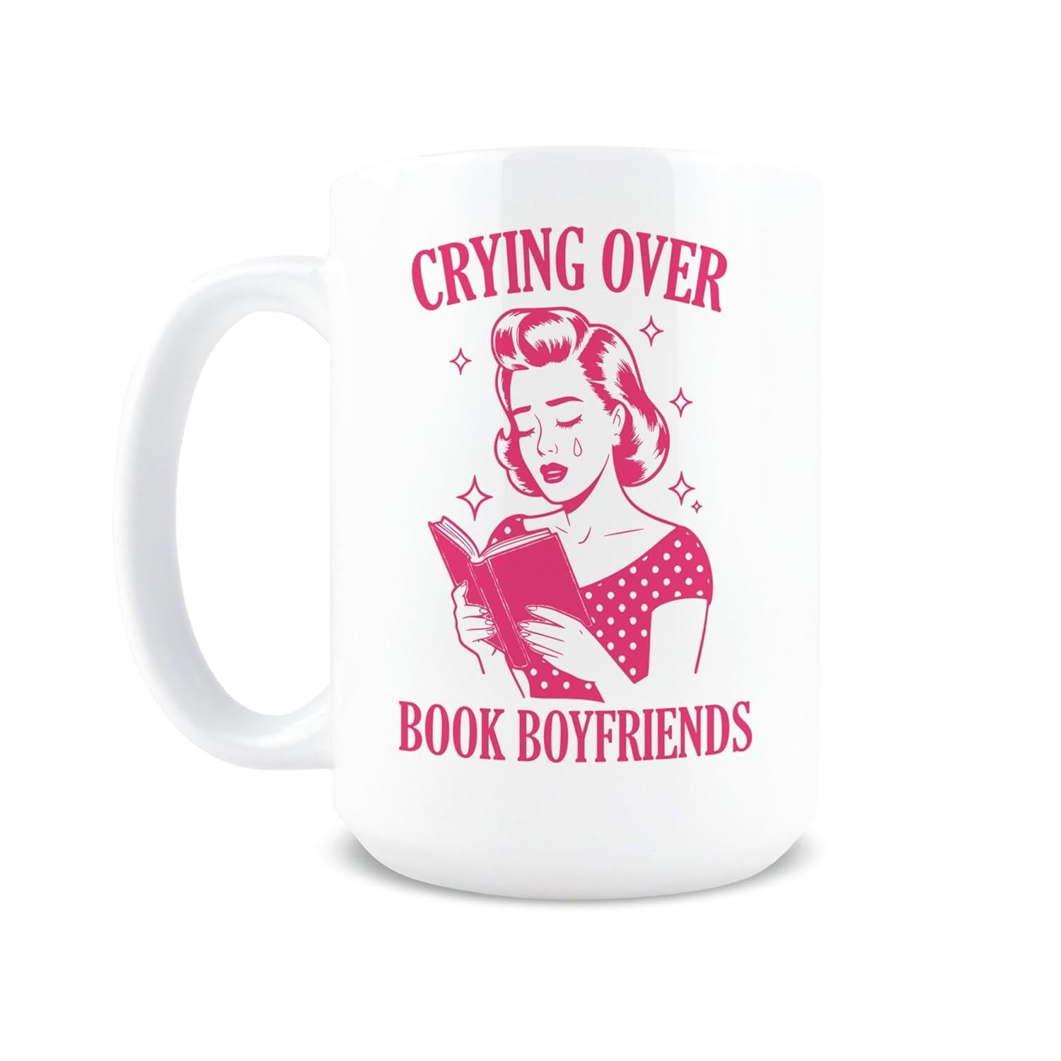 Tailorly White Ceramic 11 oz Mug - Crying Over Book Boyfriends Retro Illustration Of Woman In Polka Dot Dress Reading Book Woman