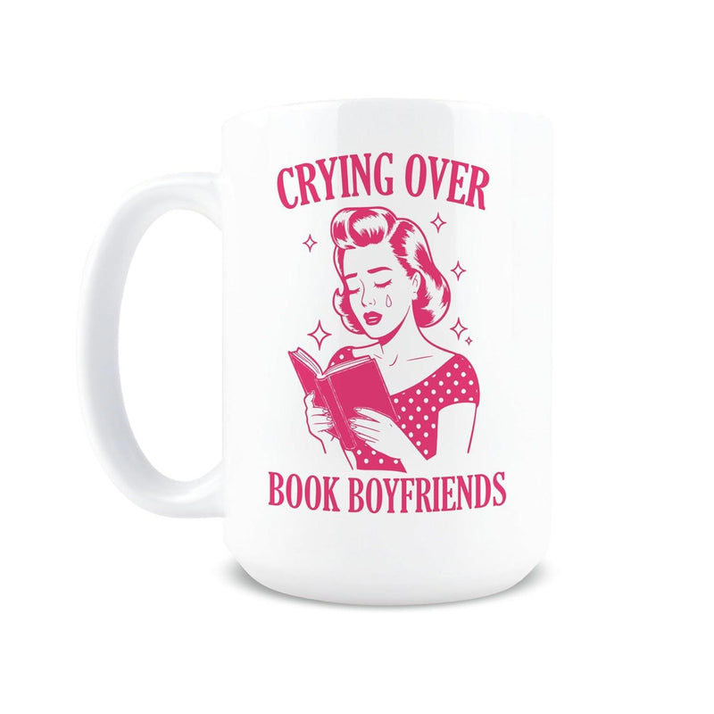 Tailorly White Ceramic 11 oz Mug - Crying Over Book Boyfriends Retro Illustration Of Woman In Polka Dot Dress Reading Book Woman
