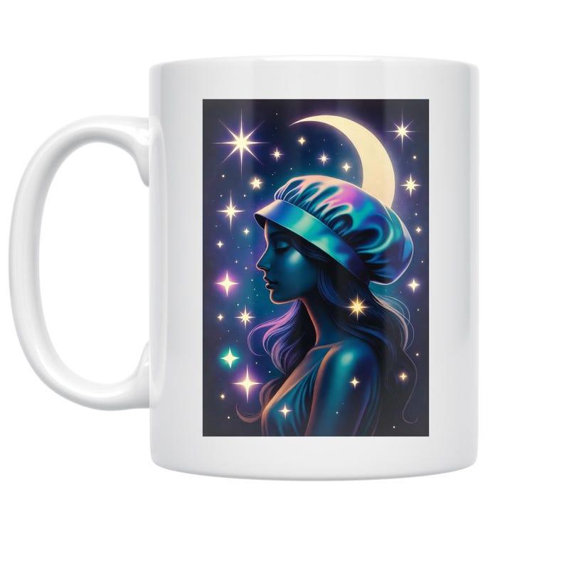 Tailorly White Ceramic 11 oz Mug - Ethereal Profile Among Sparkling Cosmic Stars And Glowing Crescent Moon Woman