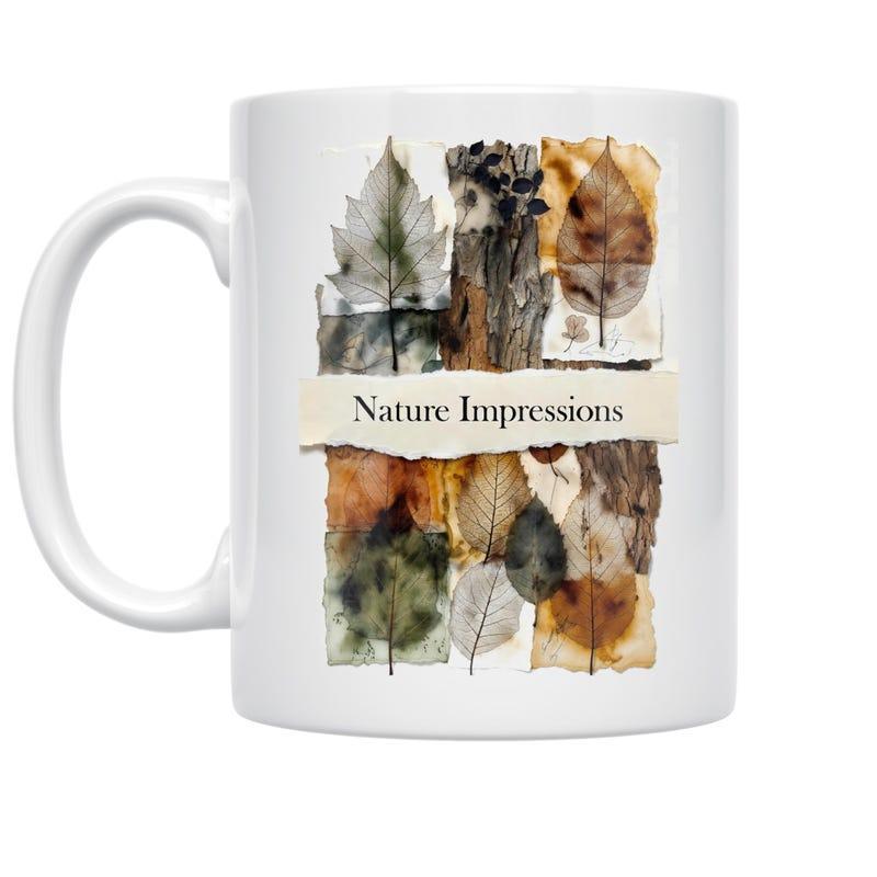Tailorly White Ceramic 11 oz Mug - Nature Impressions Artistic Watercolor Textures Featuring Dried Autumn Foliage Within Vertical Panels Leaf