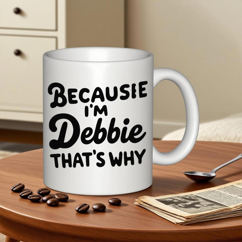 Tailorly White Ceramic 11 oz Mug - Because Im Debbie Thats Why Minimalist White Ceramic Vessel On Wooden Surface With Scattered Coffee Beans Mug
