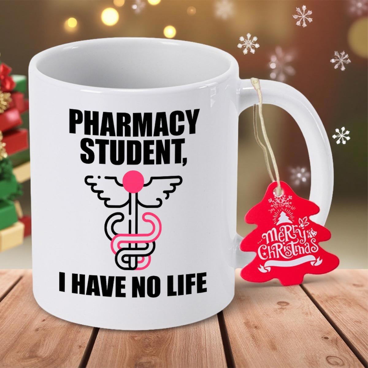 Tailorly White Ceramic 11 oz Mug - Pharmacy Student I Have No Life Simple Black And Pink Medical Symbol Featuring Wings And Snakes Mug