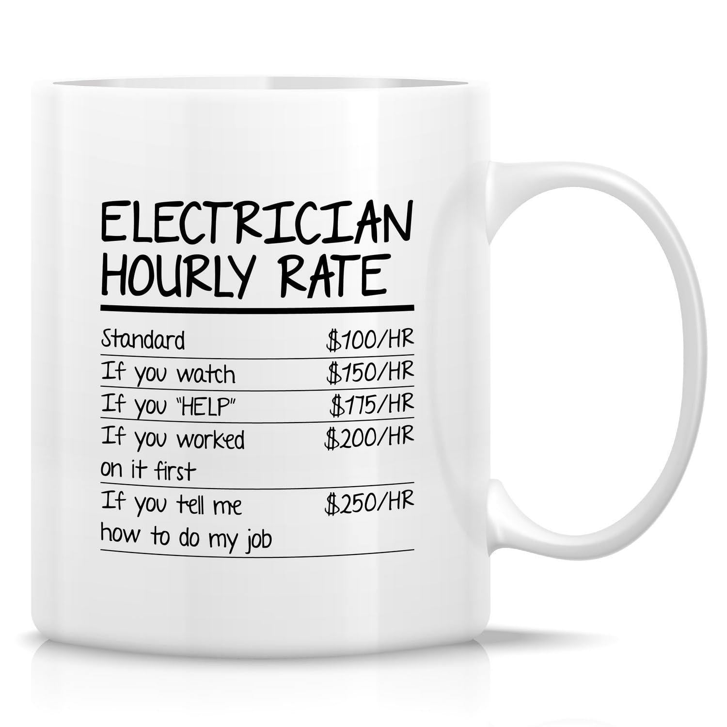 Tailorly White Ceramic 11 oz Mug - Electrician Hourly Rate Simple Bold Black Text Layout Over A Clean