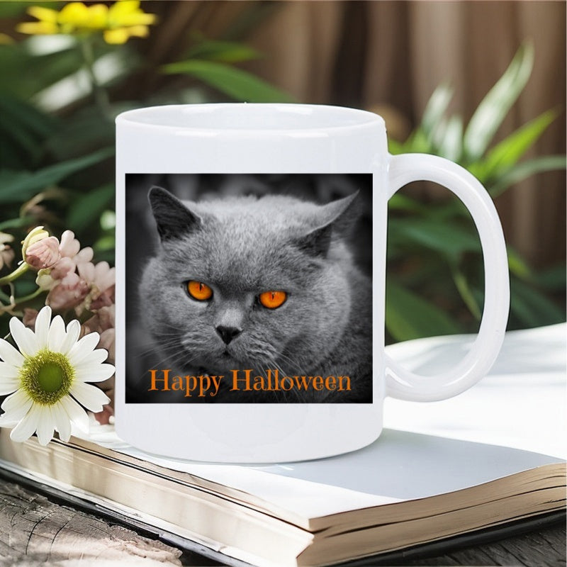 Tailorly White Ceramic 11 oz Mug - Happy Halloween Grey British Shorthair With Glowing Orange Eyes For Spooky Holiday Cat