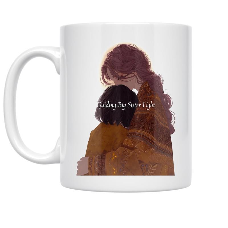 Tailorly White Ceramic 11 oz Mug - Guiding Big Sister Light Heartfelt Tender Embrace Between Two Loving Siblings In Golden Tones Sisters