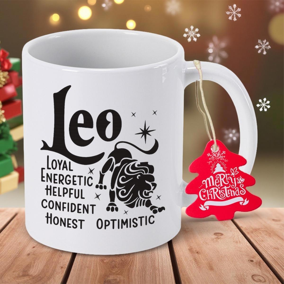 Tailorly White Ceramic 11 oz Mug - Leo Loyal Energetic Helpful Confident Honest Optimistic Majestic Black Silhouette Surrounded By Sparkling Celestial Magic Stars