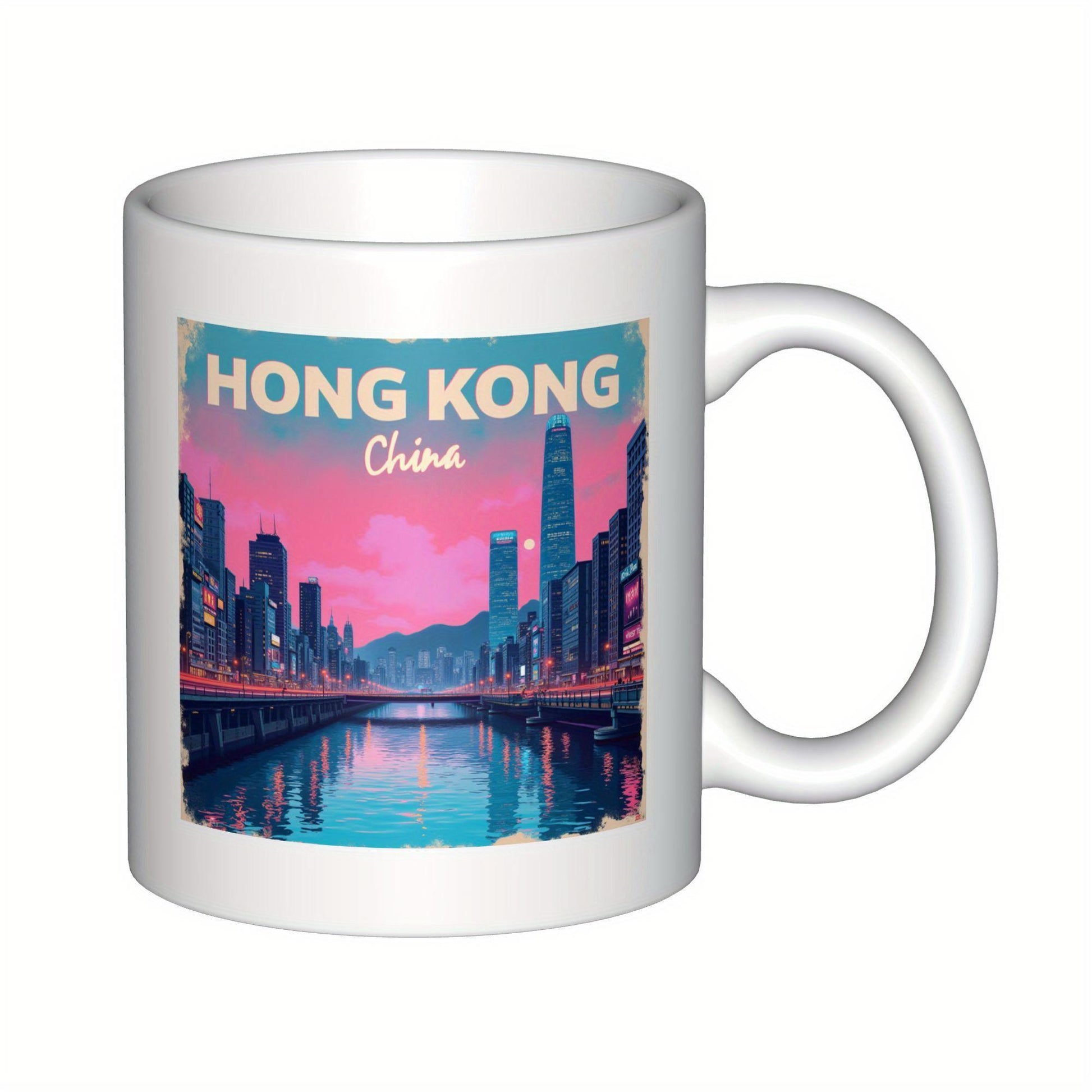 Tailorly White Ceramic 11 oz Mug - Hong Kong China Vibrant Retro Skyline Reflection Over Harbor Under Pink Twilight Sunset Cityscape