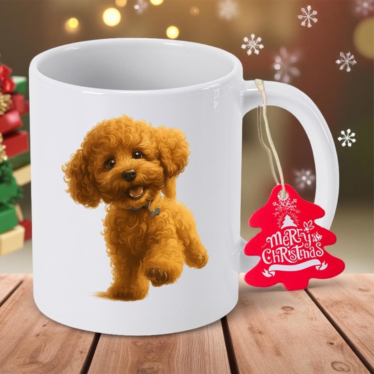 Tailorly White Ceramic 11 oz Mug - Merry Christmas Adorable Fluffy Brown Furry Canine Sitting Gracefully With Joyful Expression Puppy