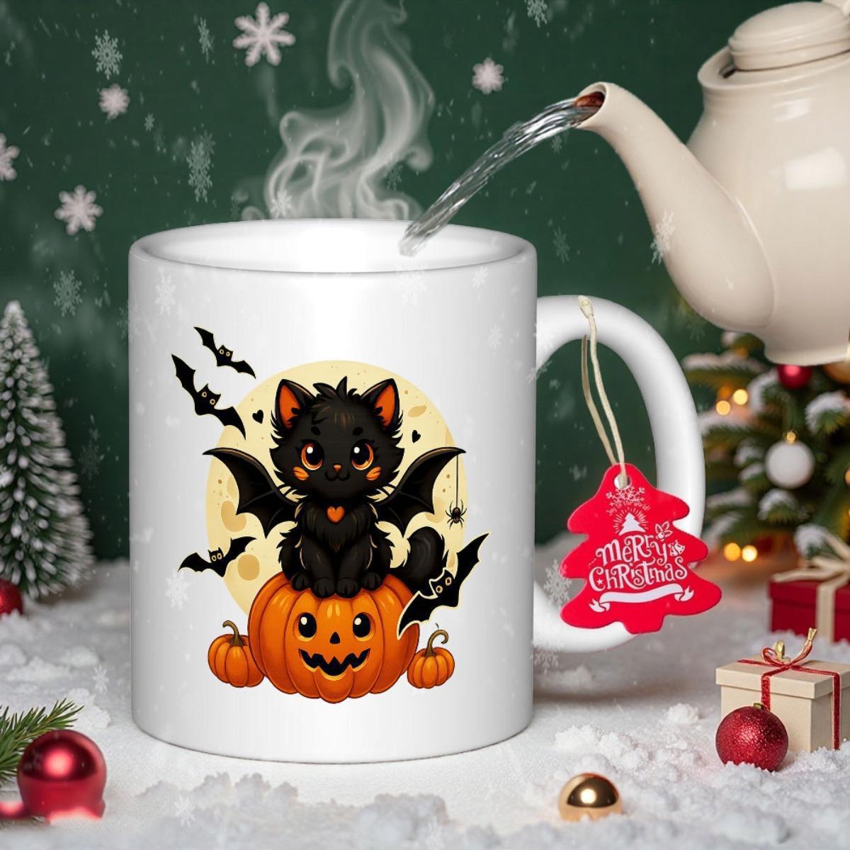 Tailorly White Ceramic 11 oz Mug - Merry Christmas Adorable Winged Black Cat Sitting On Carved Halloween Pumpkin Cat
