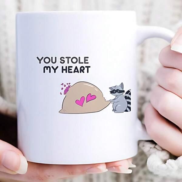 Tailorly White Ceramic 11 oz Mug - You Stole My Heart Cute Cartoon Raccoon Bandit Carrying A Large Bag Of Hearts Raccoon